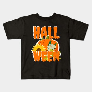 Halloween and a little gnome with a sunflower on a black background Kids T-Shirt